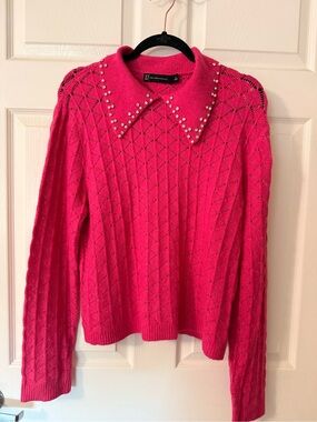 New York & Company Bright Pink Diamond Cable Knit Sweater